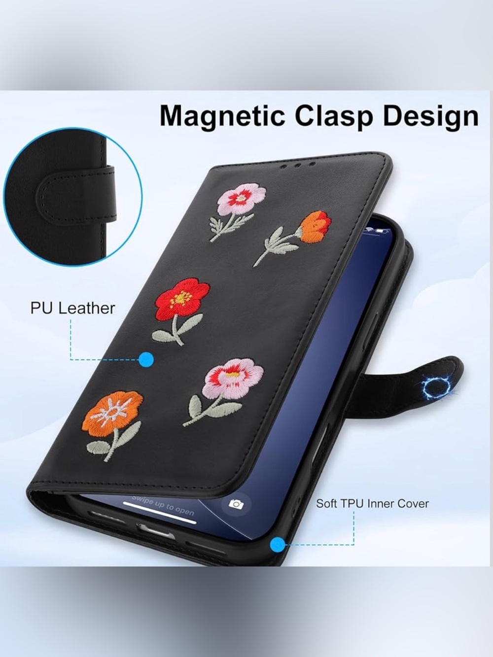 Floral Embroidered Black Wallet iPhone 18 pro max case - Picture 3 of 5